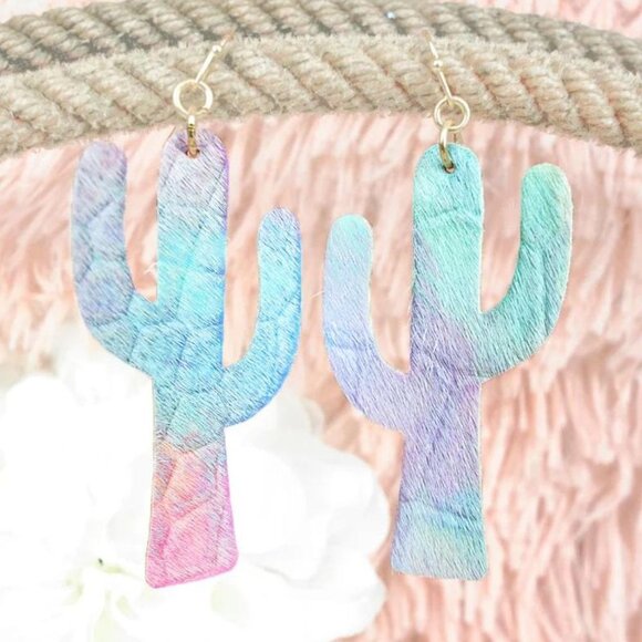 NO 3 Rainbow Pastel Embossed Leather Cactus Dangle Statement Earrings NWT - Picture 1 of 5